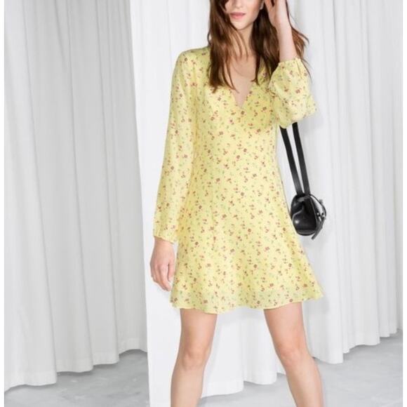 & Other Stories Floral Print Silk Mini Dress SIze 10 Yellow - Picture 12 of 14
